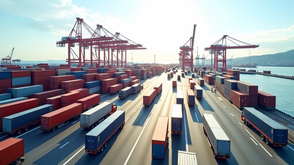 Vista aerea del porto di Genova con container stoccati, gru portuali, e camion in movimento, operazioni logistiche attive