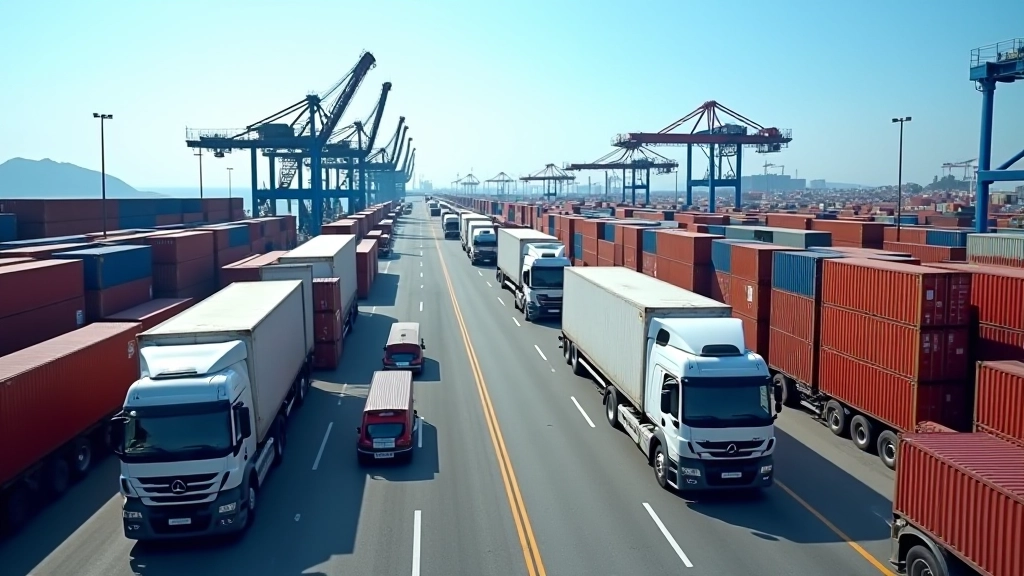 Terminale portuale con camion in fila, vista aerea del piazzale di carico, container impilati e gru portale in movimento
