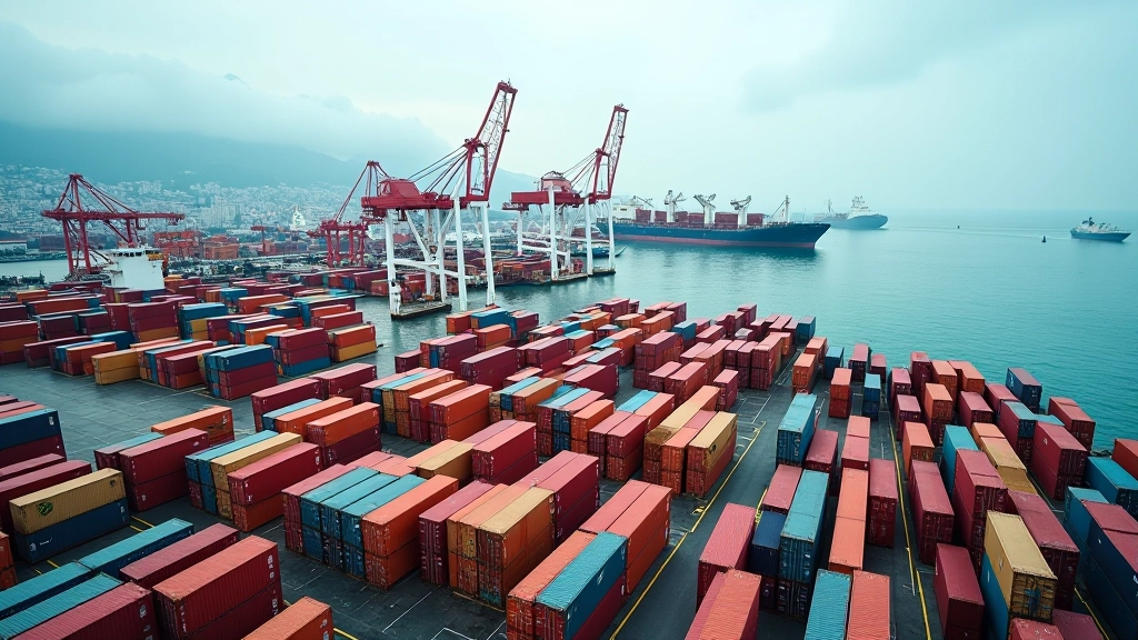 Vista aerea del porto di Genova con centinaia di container impilati ordinatamente nelle aree di stoccaggio