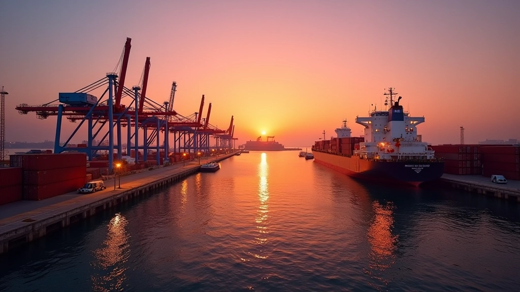Porto di Genova al tramonto con container illuminati, navi in banchina e gru portale in operazione durante la fase serale